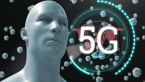 5g text over world map against covid-19 cells and human head model
