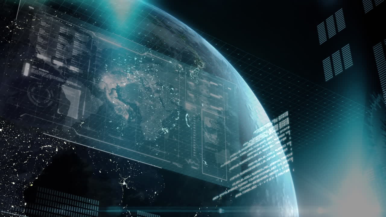 우주에서 지구를 가로지르는 과학자 화면의 애니메이션