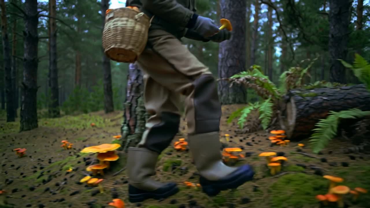 Mand i støvler træder hen mod orange svampe, fouragerer og plukker svampe i fletkurv på fyrretræsgulv.