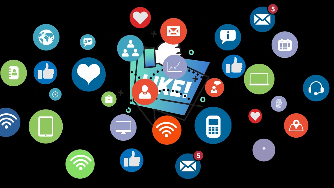 Animation of social media icons and like on black background
