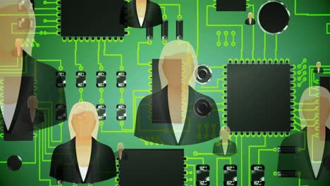 Animation-of-businesswoman-icons-over-green-computer-circuit-board