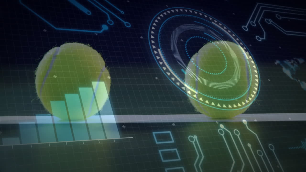 showing two yellow tennis balls resting on line in 3D render, featuring bar chart, circular HUD