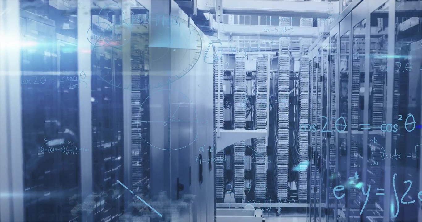 Animation of mathematical equations and data processing against computer server room