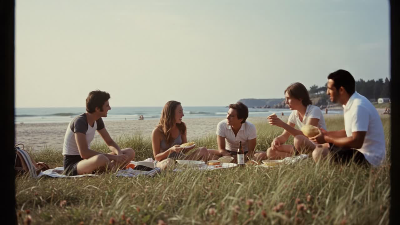 A joyful gathering of friends enjoying a beach picnic, sharing laughter and food on a sunny day by the ocean, framed by the beauty of the sandy shore and grassy landscape
