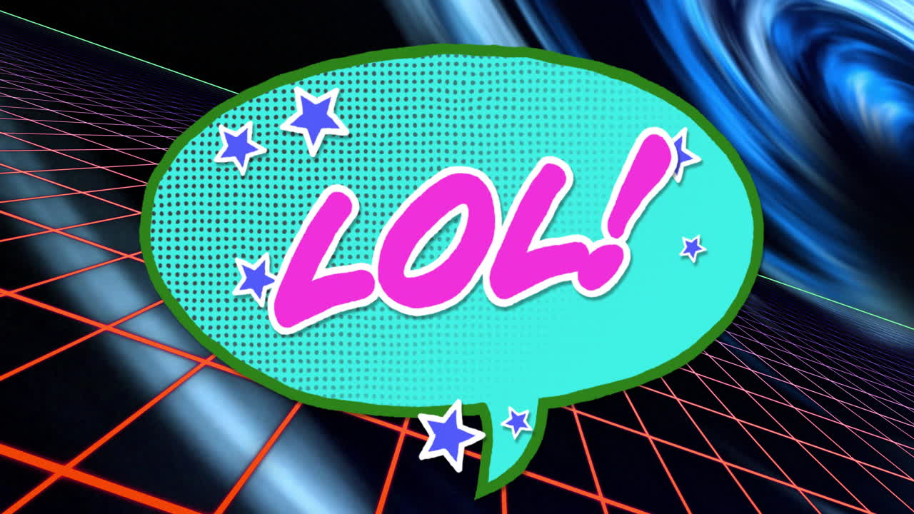 Animation of retro comic-style LOL! text with stars on digital grid background