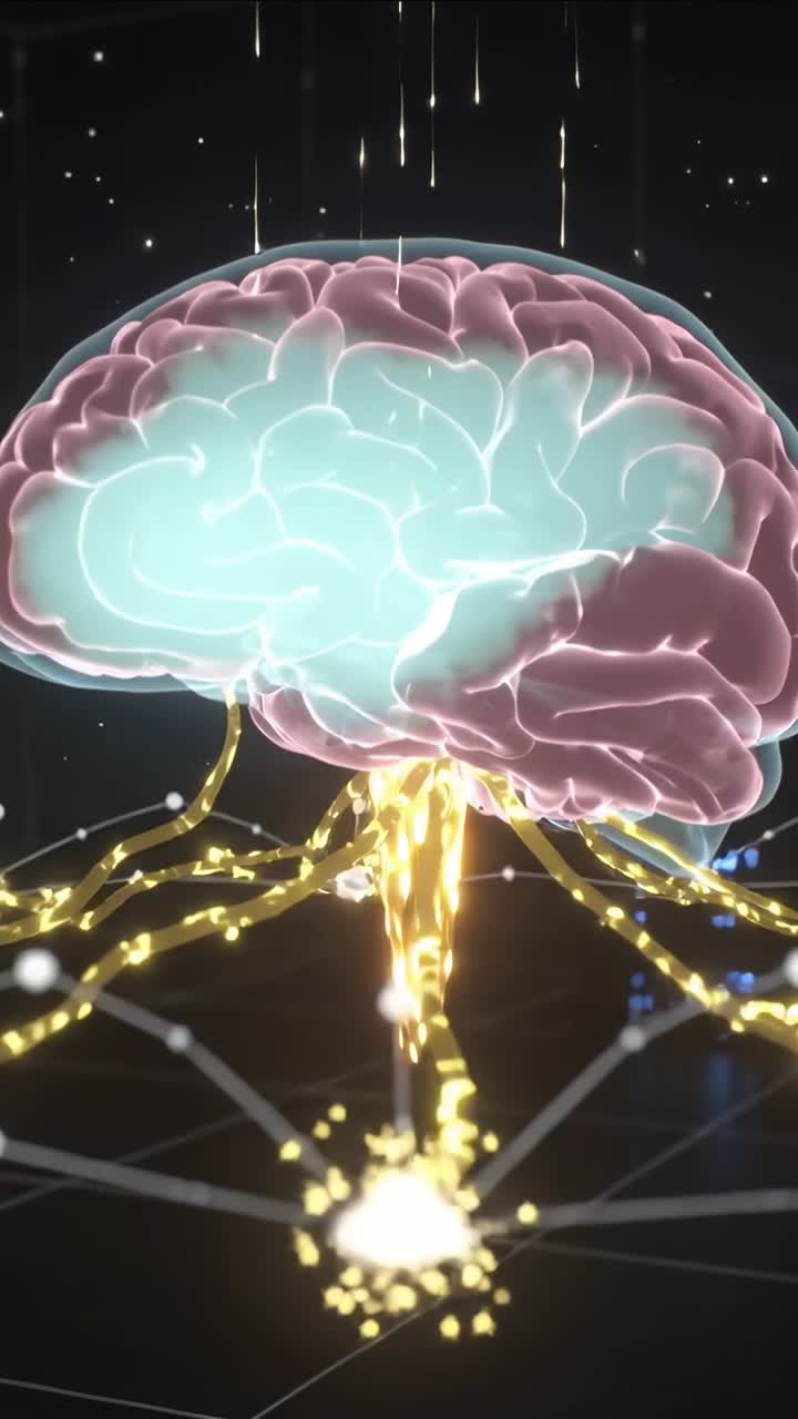 Vertical video: Pulsing brain in VR sending gold to nodes as light feeding grid causing bursts