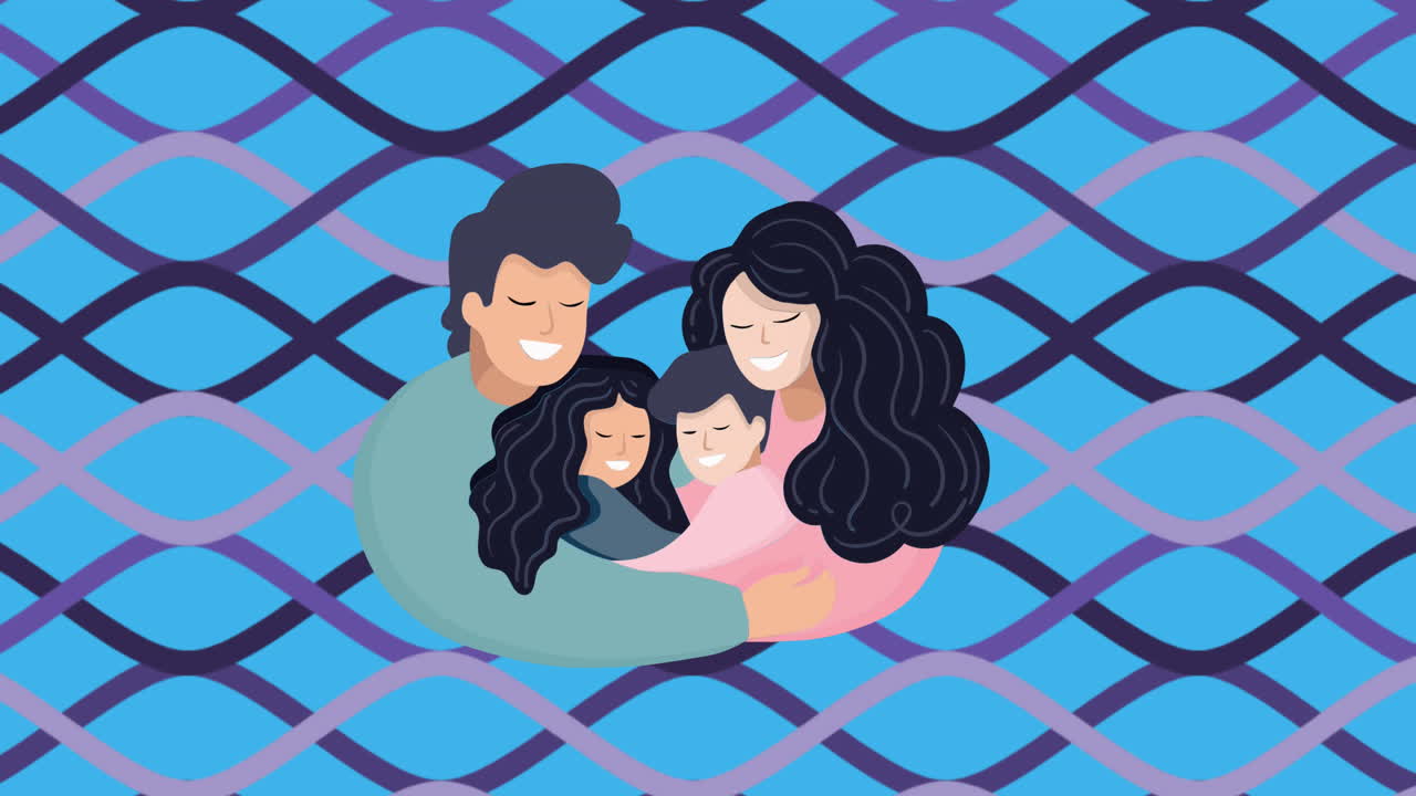 아들과 딸을 안아주는 행복한 부모의 그림의 애니메이션, 파란색의 파란색 선 위에