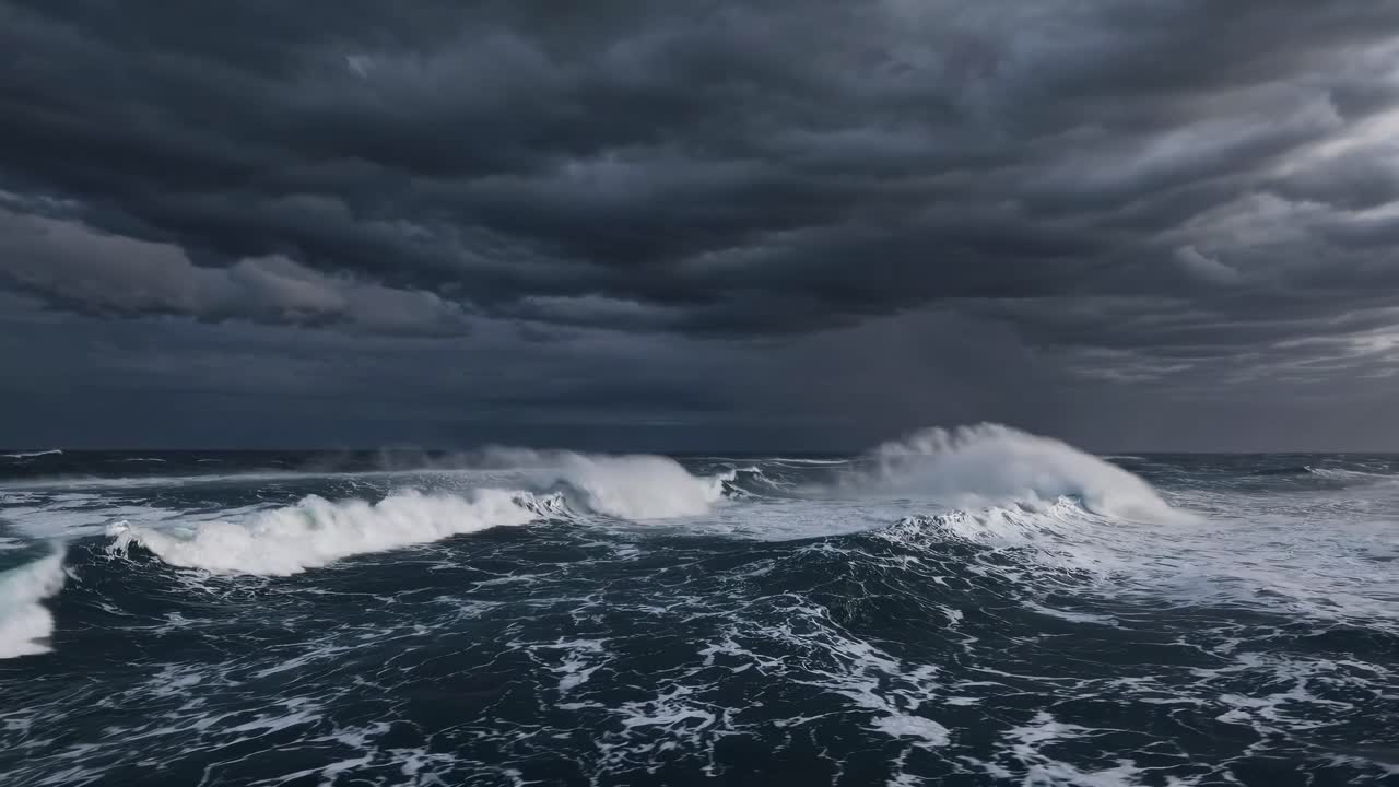 Dramatic seascape video with a low-angle view of turbulent waves under a stormy sky