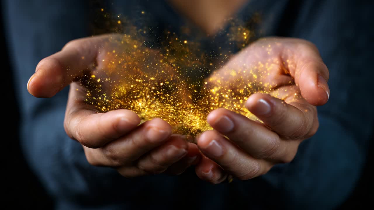 Captivating Visual of Hands Holding Sparkling Golden Particles, Symbolizing Abundance and Magic in an Enchanting Display of Colorful Light, Evoking a Sense of Wonder and Joy for the Viewer