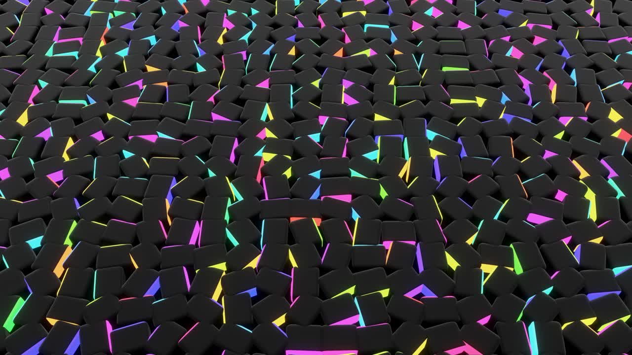 fondo geométrico en bucle de 4k con luz de neón, bloques negros como bombillas con luz multicolor. hermoso fondo de diseño de movimiento con formas geométricas simples y luz de neon.