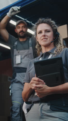 logistics team working: woman with tablet and headset, man by truck