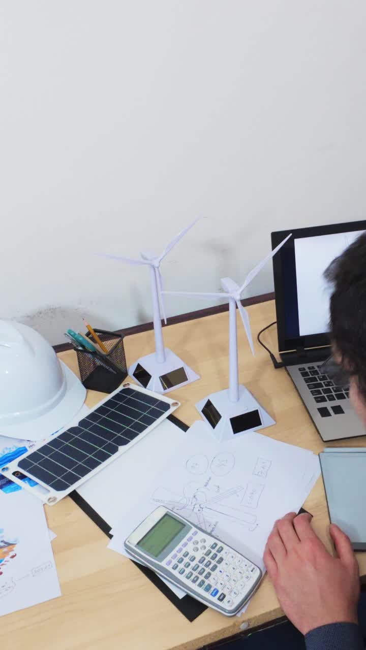 Architect's Desk with Solar Panel, Blueprints, and Hard Hat