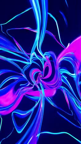neon geometric shapes swirling dynamically across dark backdrop, generating kinetic visual energy through vivid color intersections and fluid movement patterns