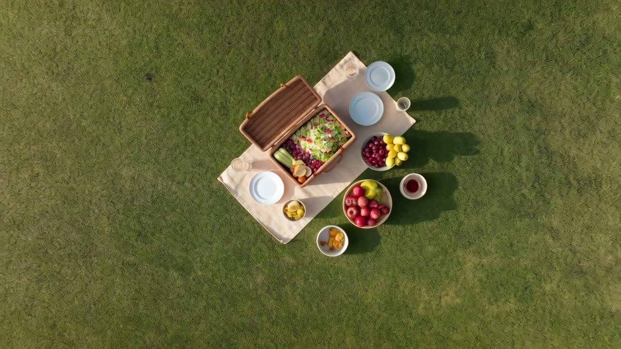 Aerial View of Picnic Setup with Fruits and Salad on Green Grass