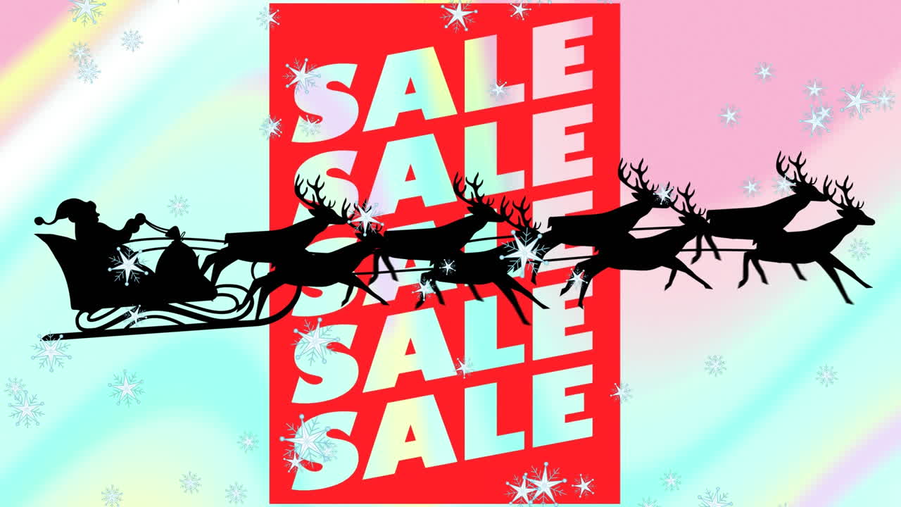 iconos de estrellas cayendo sobre santa claus en trineo siendo tirado por renos contra la venta de texto banner