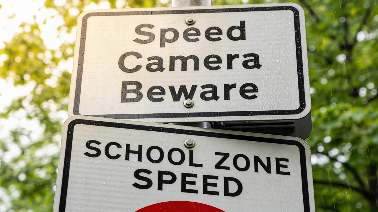 Displaying stacked traffic signs urging drivers to slow for school zone as light rain wetting signs