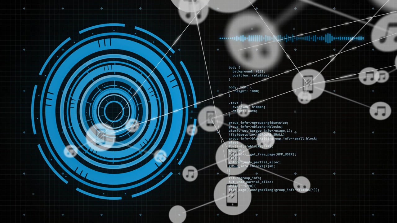 Right-edge nodes spawning and linking to blue ring HUD, forming dense network to visualize data