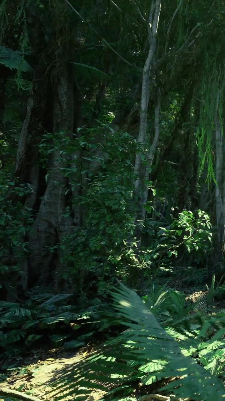 Scena di foresta con alberi alti e vegetazione verde e densa di giorno