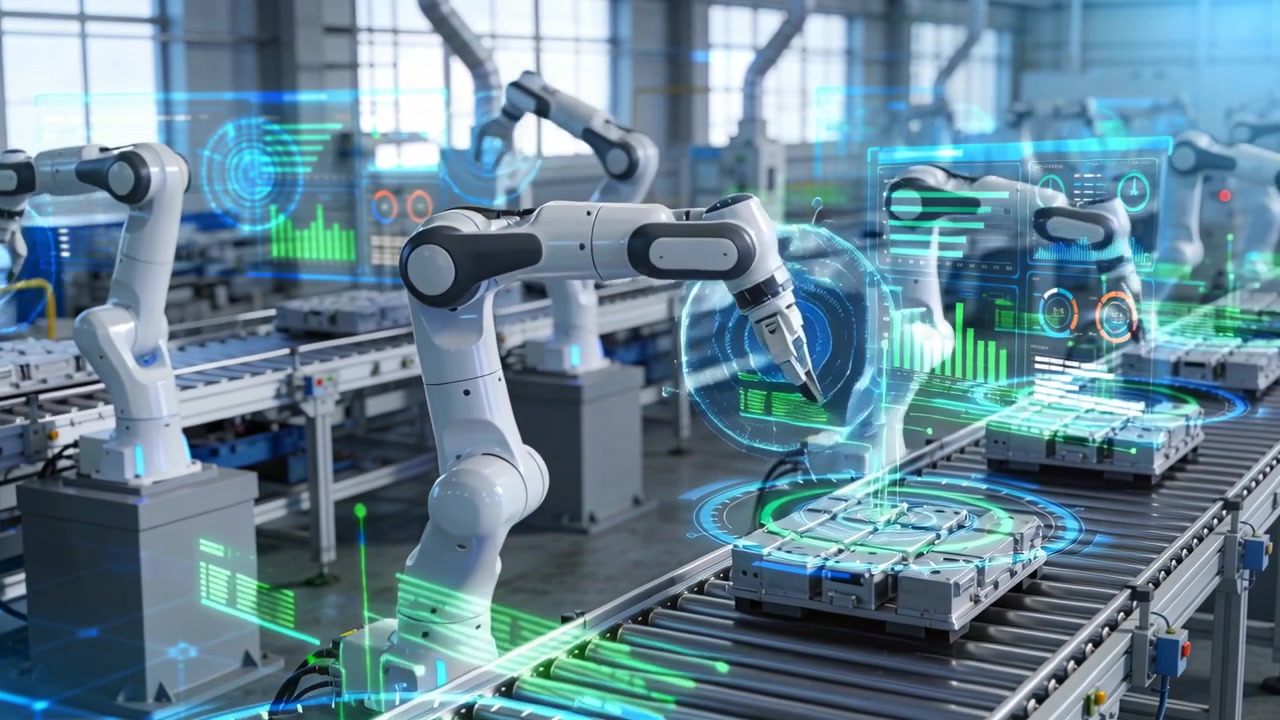 Bras robotique central en fonctionnement après activation de la RA, pince rotative en usine, assemblant des modules.
