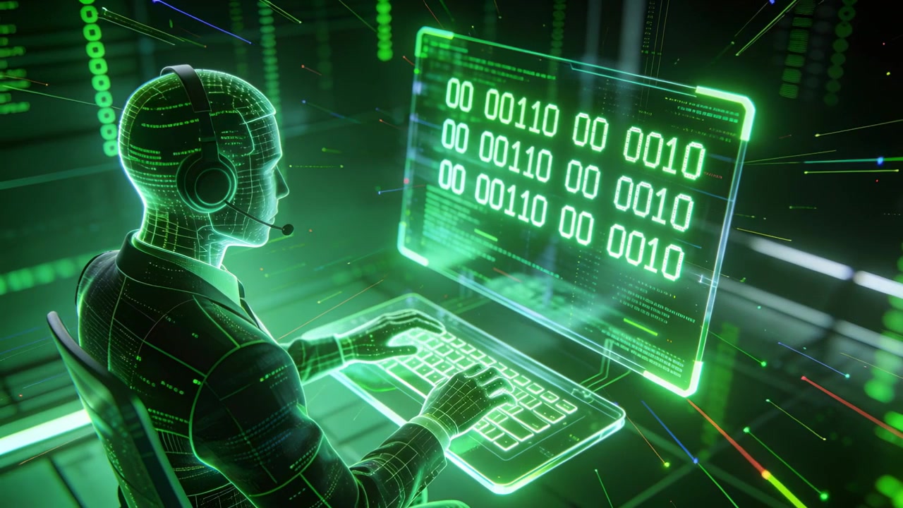 Typing avatar wearing headset, sending commands after holo monitor updating at desk, with keyboard
