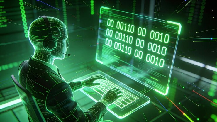 Typing avatar wearing headset, sending commands after holo monitor updating at desk, with keyboard