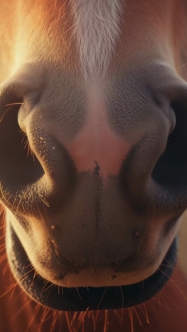 Vertical video: Breathing horse muzzle flaring nose, resting in stable with mud fleck in warm light