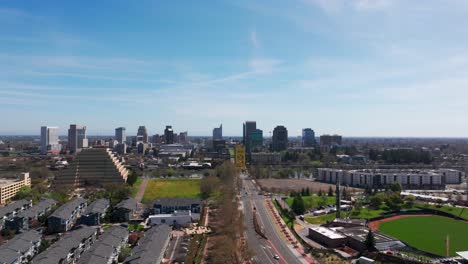 distant drone shot showing all of downtown sacramento, california