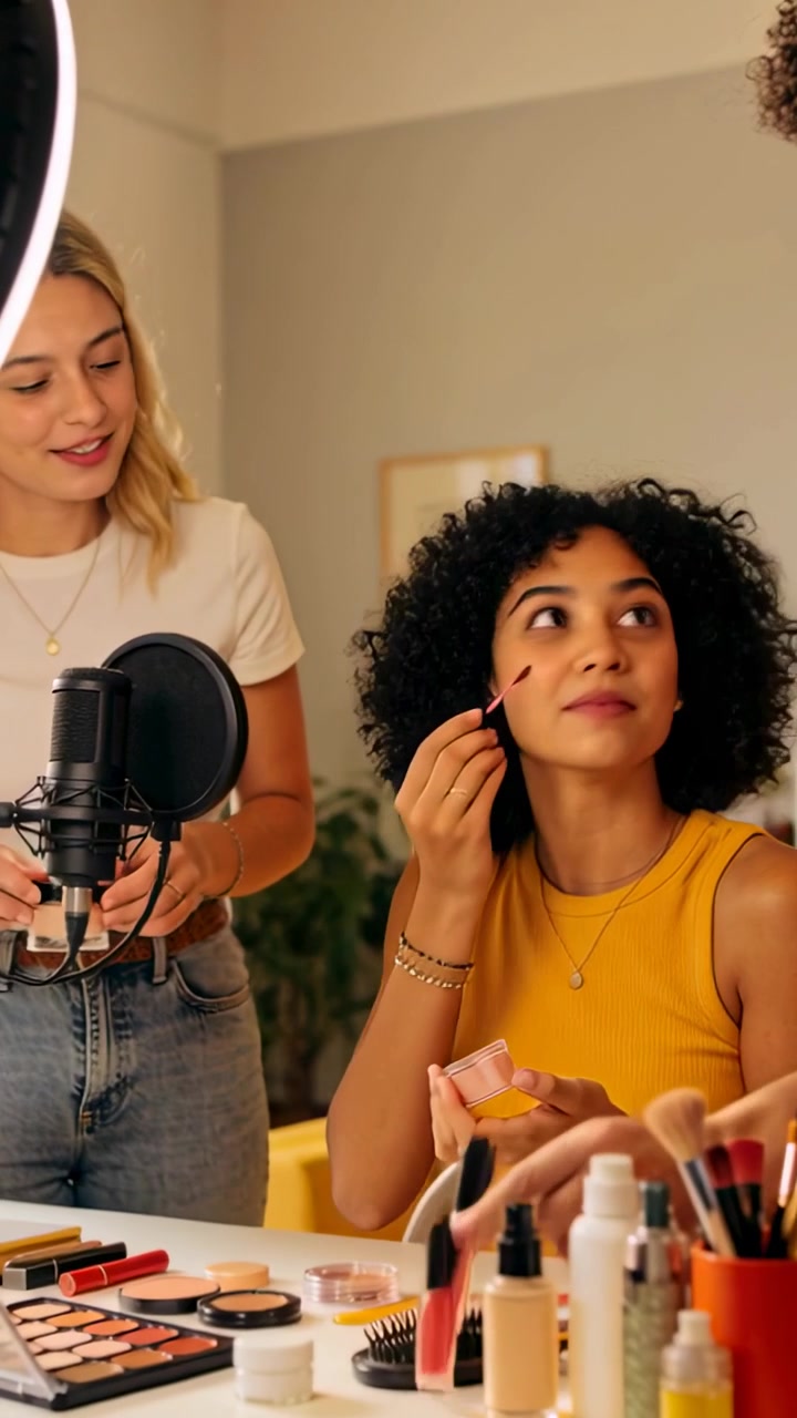 Vertical video: Ring light glowing, woman in yellow applying makeup at studio, friend tweaking mic