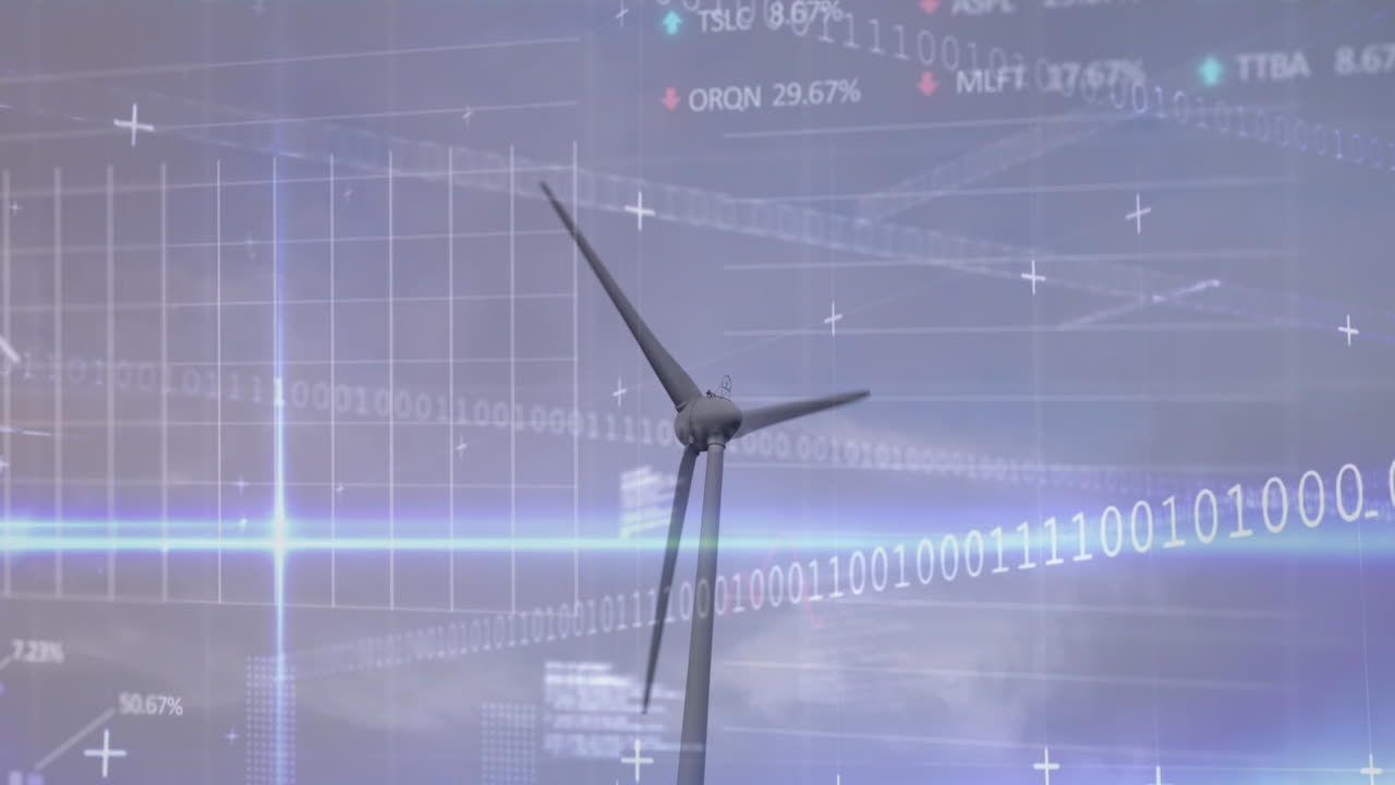 회색 하늘을 배경으로 회전하는 풍차를 통해 통계, 주식 시장 데이터 처리의 애니메이션
