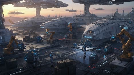 a futuristic spaceport scene with advanced robotics and spaceships engaged in various operations during a beautiful sunset