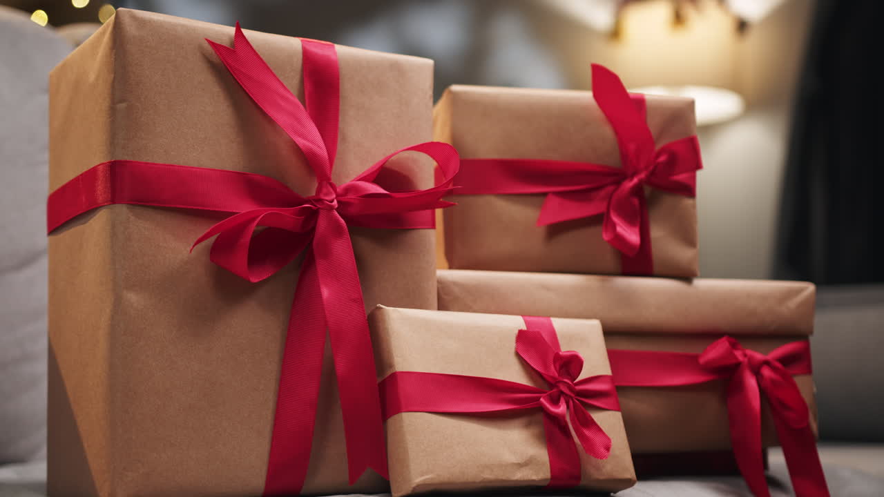 Wrapped gifts with red ribbon