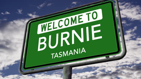 Willkommen-In-Burnie,-Tasmanien,-Australien,-Stadtstraßenschild,-Realistische-3D-Animation