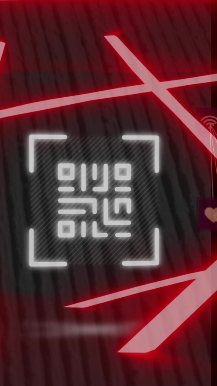 Animation of neon qr code scanner and globes of digital icons spinning against tall buildings