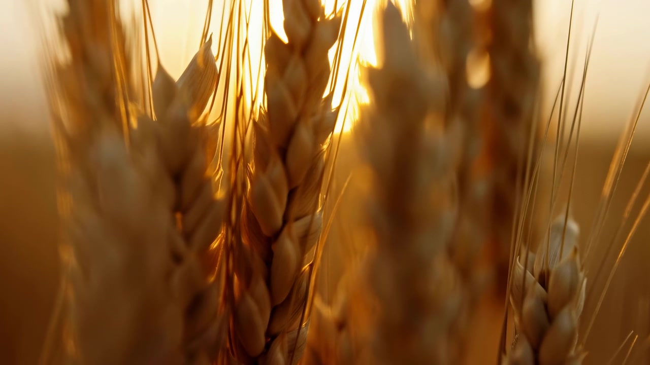 Primo piano estremo di spighe di grano mature in campo aperto sotto il sole basso, con chicchi compatti e reste fibrose illuminate da dietro, che creano un bagliore ambrato, un contrasto delicato, una profondità morbida e una serena atmosfera di mietitura.