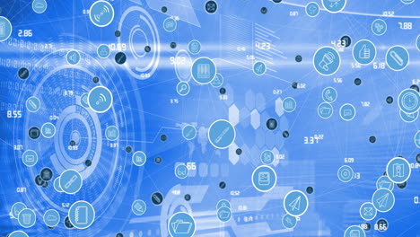 animation of network of connections with digital icons over data processing in background