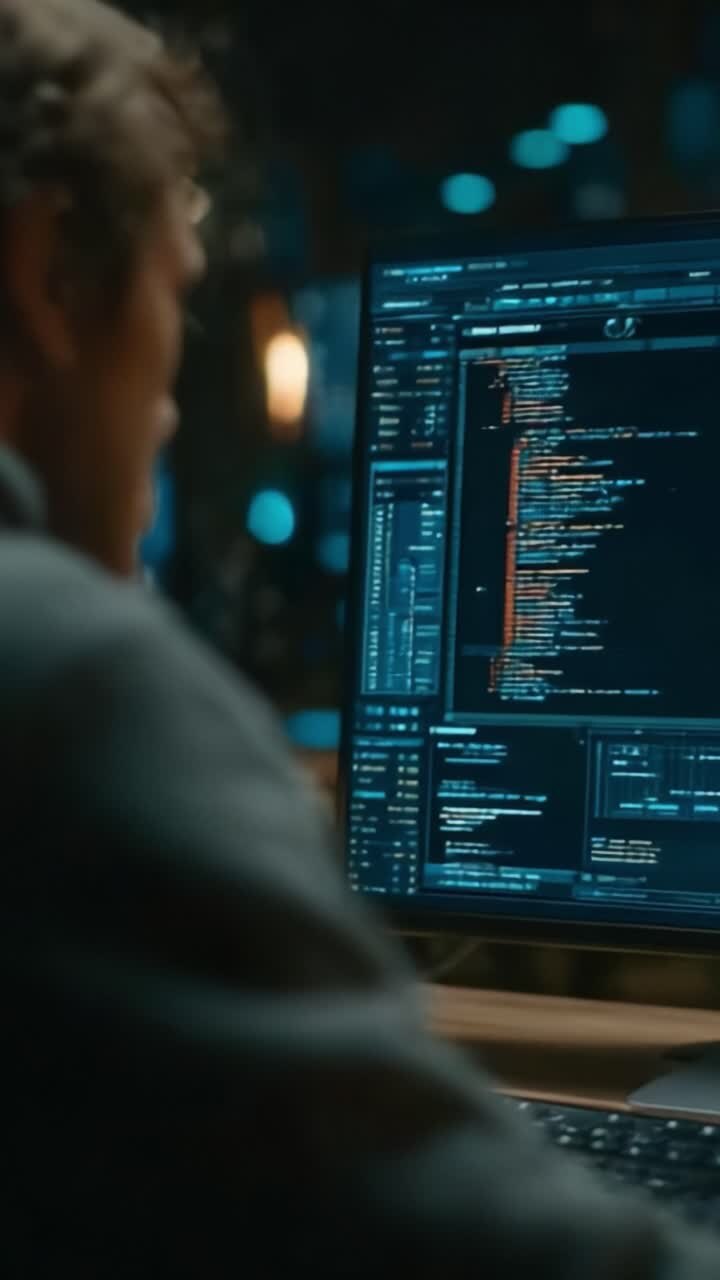 Intenst fokus på kodning: En programmør analyserer kodelinjer på en computerskærm i et svagt oplyst miljø, hvilket fremhæver kompleksiteten i softwareudvikling