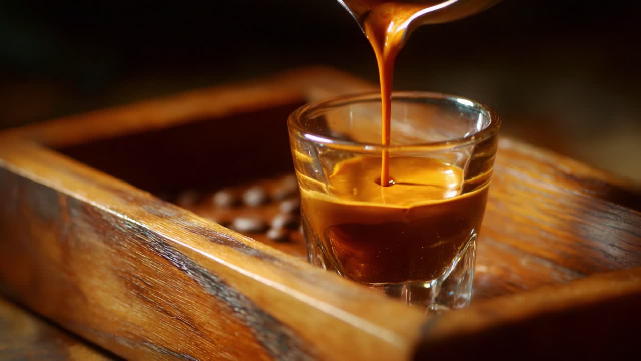 Rich espresso is poured into a glass shot, showcasing its smooth texture, deep color, and the fine craftsmanship that elevates the coffee experience