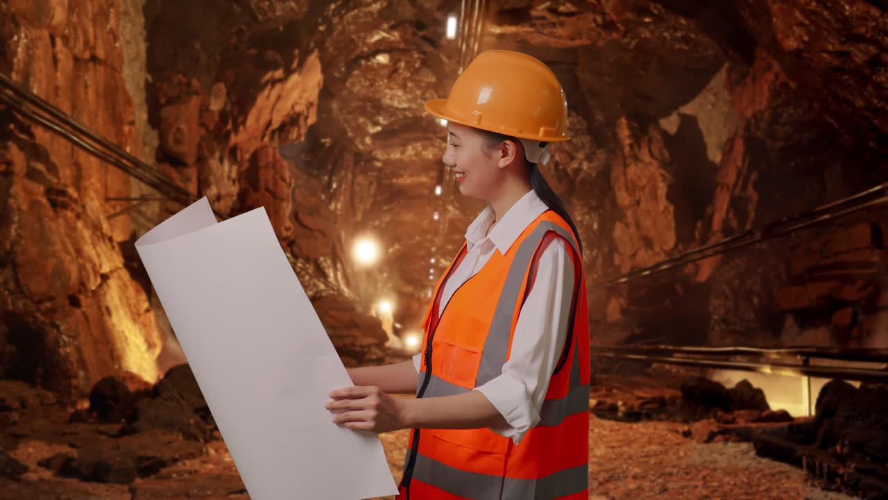 Side View Of Asian Female Engineer With Safety Helmet Looking At Blueprint In Her Hands And Looking Around In Underground Mine Tunnel