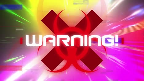 Animation-of-warning-text-on-hazard-symbol-on-x-against-multicolored-glitch-technique-in-background