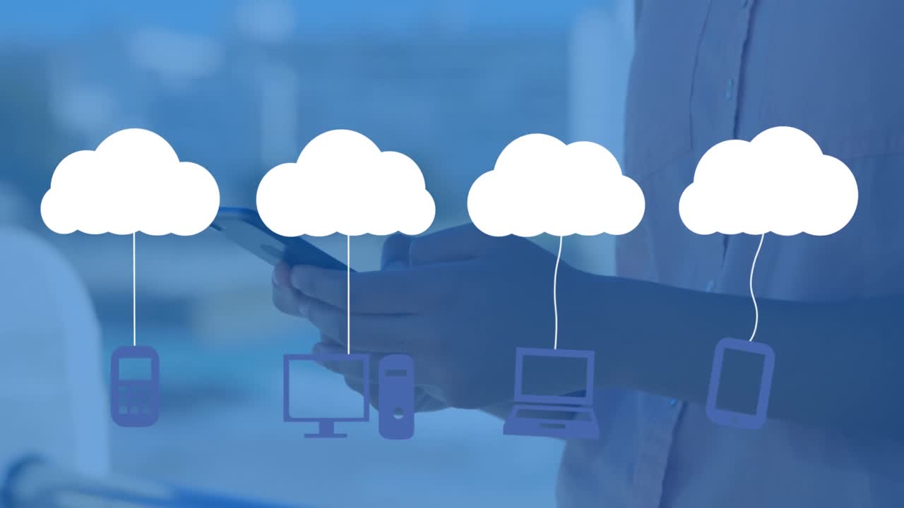 스마트 폰을 사용하여 사람 위에 아이콘을 가진 디지털 구름의 애니메이션