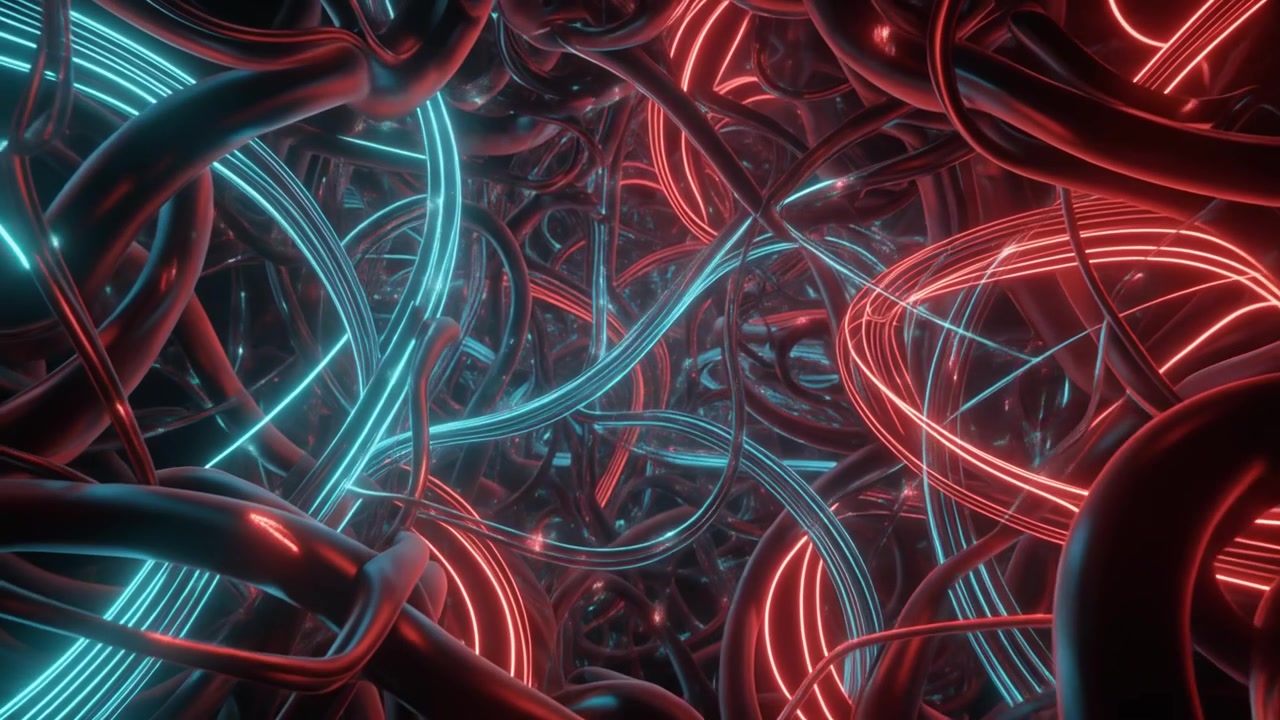 Abstract 3D Animation of Glowing Red and Blue Intertwined Cables