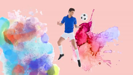 Animation-of-football-player-with-ball-over-colourful-splodges