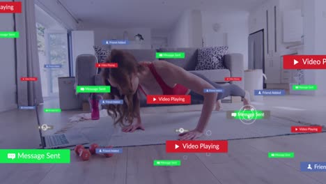 animación de iconos de los medios sobre una mujer caucásica haciendo flexiones en casa