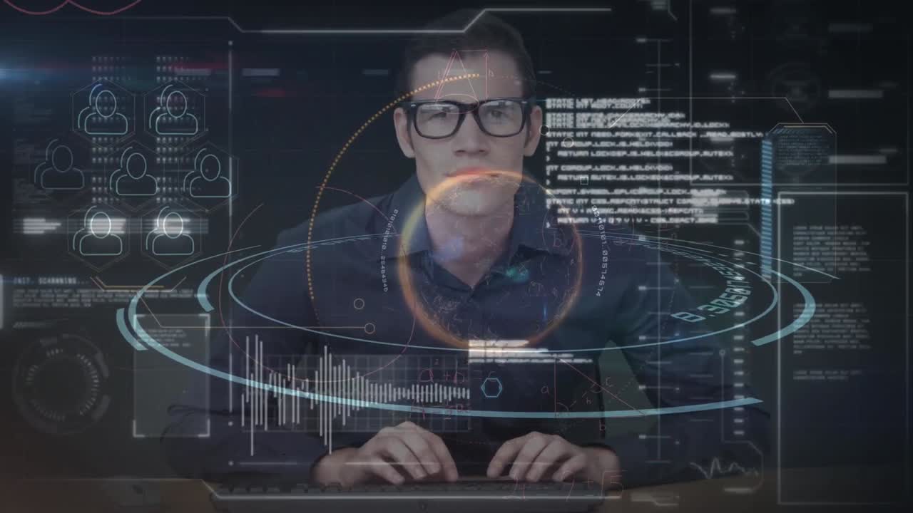 animación de hacker masculino caucásico y procesamiento de datos diverso en pantalla digital