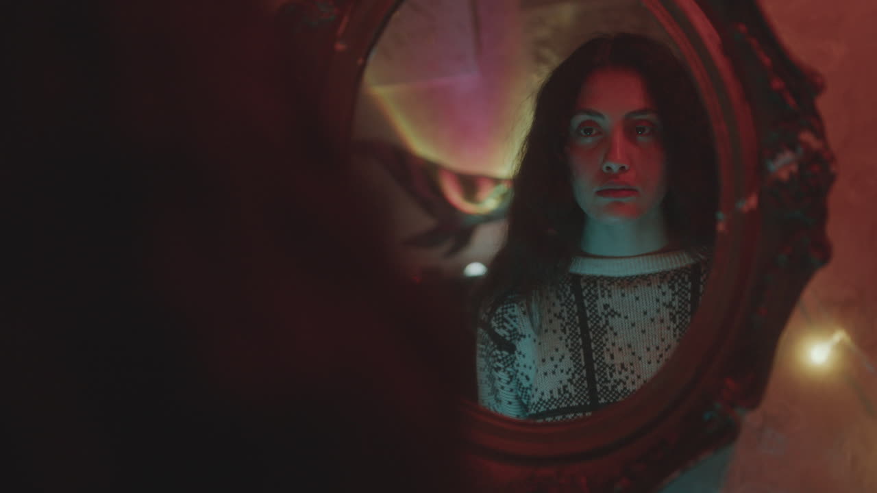 el reflejo de una mujer hermosa en un espejo adornado bajo una iluminación de colores débiles