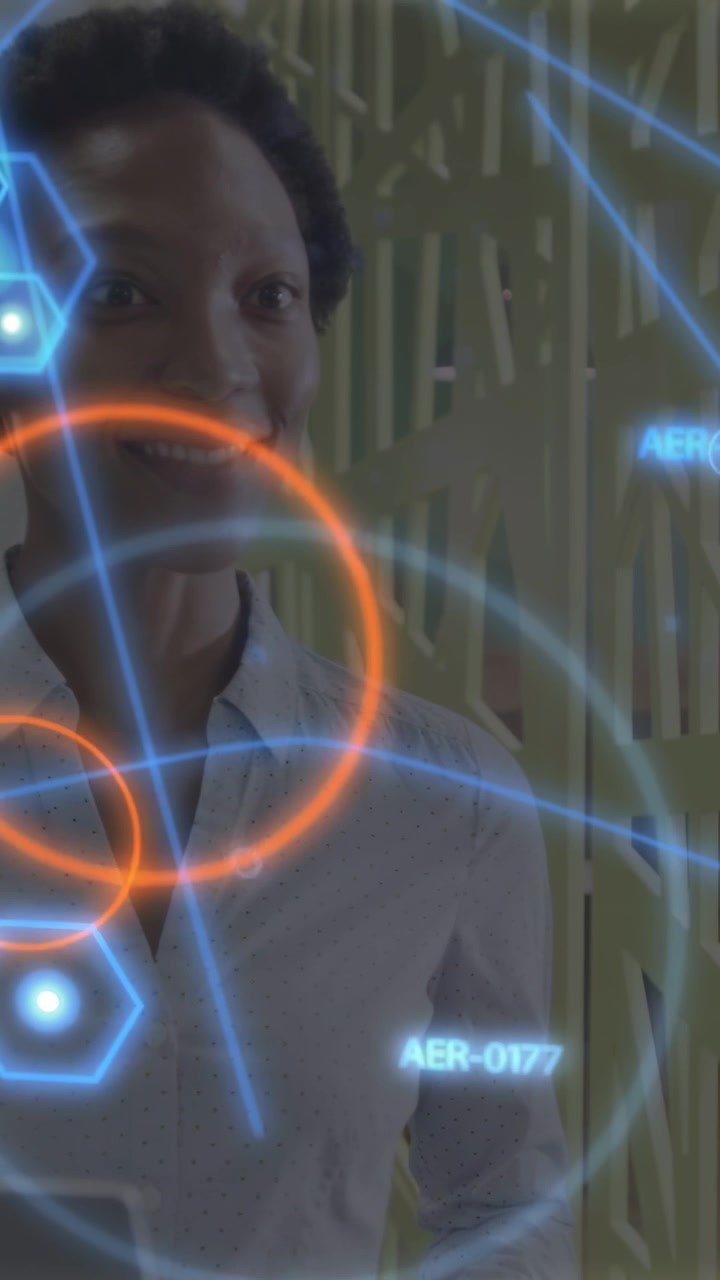 Vertical video: Woman noticing HUD appearing, tracking overlays and smiling to review data in AR