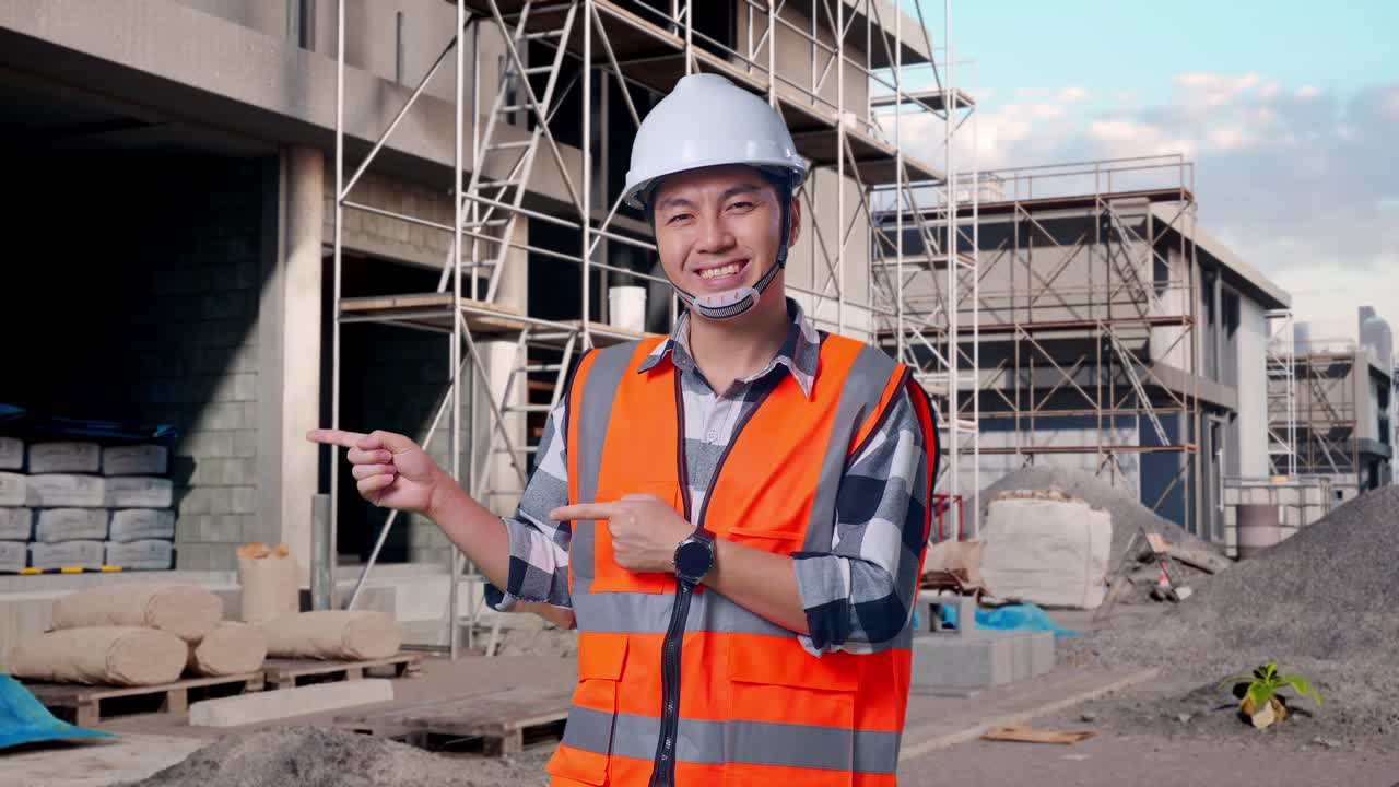 Asian Male Engineer With Safety Helmet Smiling And Pointing To Side While Standing At Building & Construction Site in Progress to New House