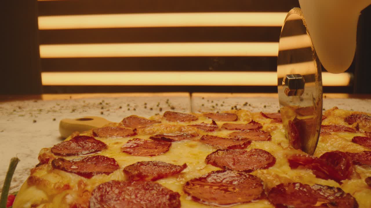 cortando pizza con un cuchillo de cortador redondo. primer plano de una deliciosa pizza siendo cortada en pedazos. pizza horneada con salchichas, queso derretido, pimientos rojos. tiro en arri alexa con lente laowa. cámara en movimiento