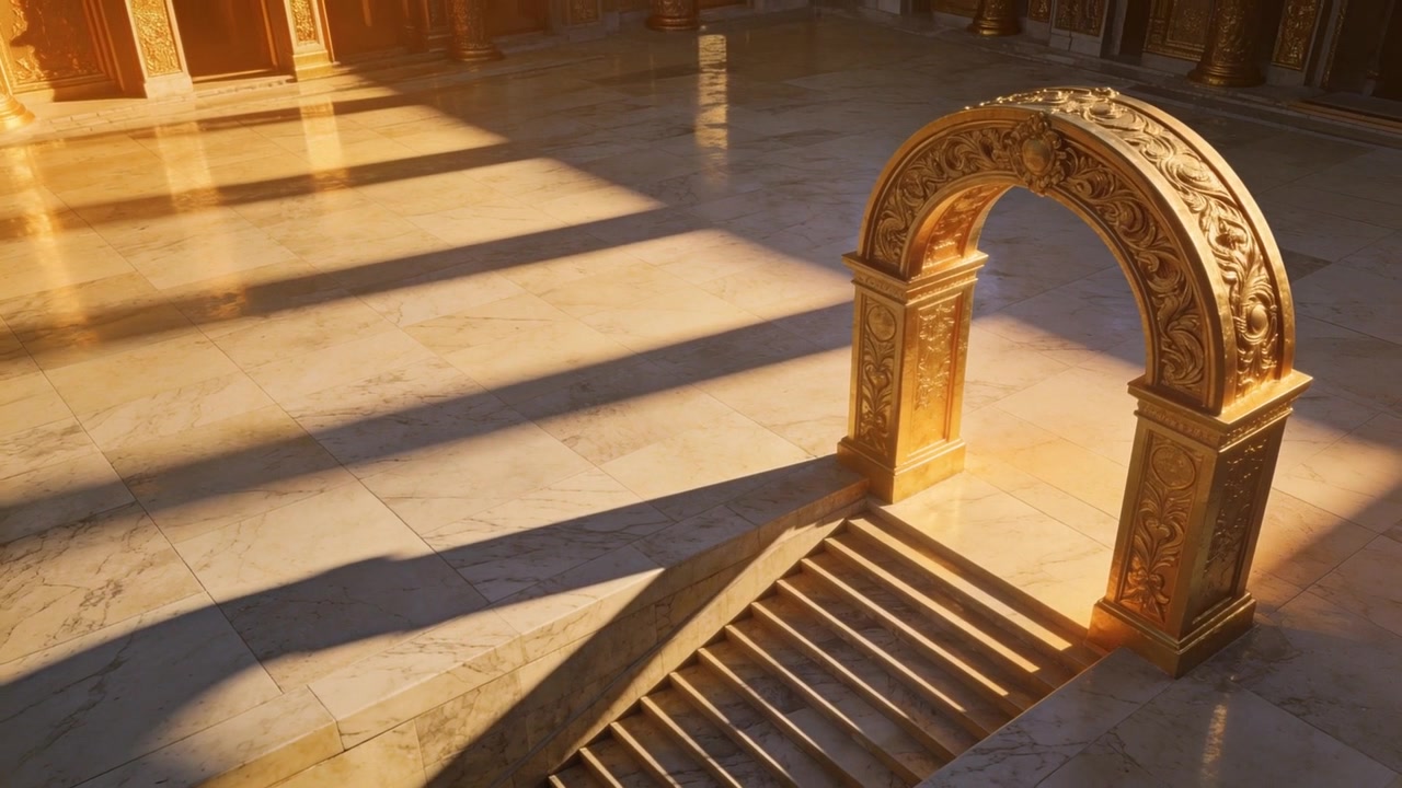 La luce del sole in movimento, la telecamera che effettua una panoramica illuminando un arco dorato con scale in un palazzo, mostrando i dettagli e lo spazio per il testo.