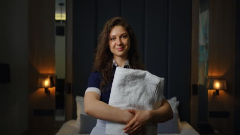 happy hotel maid holding a towel in hotel room